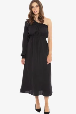 Leila + Luca Streamlined Black Self Spot One Sleeve Midi Dress