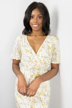 Among the Brave Striking Spring Floral Flutter Sleeve Cross Over Midi Dress