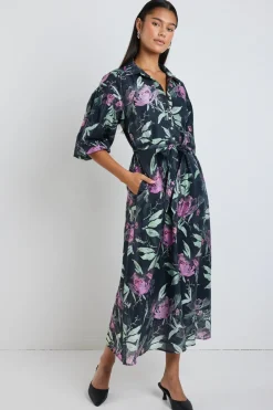 Ivy + Jack Studio Petrol Lilac Floral Balloon Sleeve Midi Shirt Dress