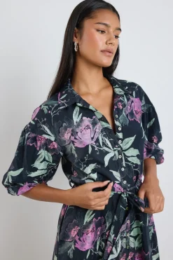 Ivy + Jack Studio Petrol Lilac Floral Balloon Sleeve Midi Shirt Dress