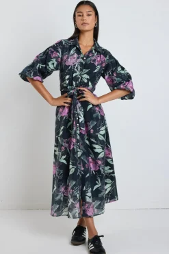 Ivy + Jack Studio Petrol Lilac Floral Balloon Sleeve Midi Shirt Dress