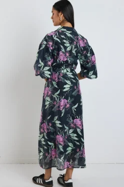 Ivy + Jack Studio Petrol Lilac Floral Balloon Sleeve Midi Shirt Dress