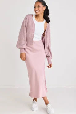 Among the Brave Stunning Blush Satin Side Split Bias Midi Skirt