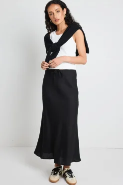 Among the Brave Summit Black Linen Blend Tie Waist Bias Maxi Skirt