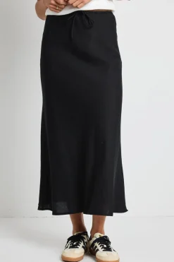 Among the Brave Summit Black Linen Blend Tie Waist Bias Maxi Skirt
