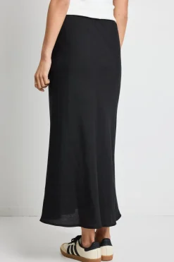 Among the Brave Summit Black Linen Blend Tie Waist Bias Maxi Skirt