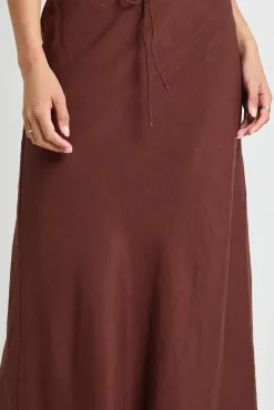 Among the Brave Summit Chocolate Linen Blend Tie Waist Bias Maxi Skirt