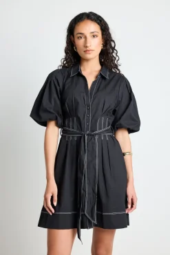 Among the Brave Sundown Black Puff Short Sleeve Mini Shirt Dress