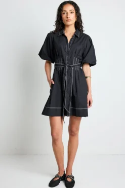 Among the Brave Sundown Black Puff Short Sleeve Mini Shirt Dress