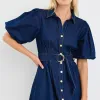Among the Brave Sundown Indigo Denim Puff Sleeve Mini Shirt Dress