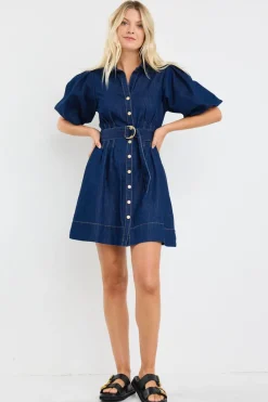 Among the Brave Sundown Indigo Denim Puff Sleeve Mini Shirt Dress