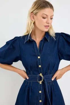 Among the Brave Sundown Indigo Denim Puff Sleeve Mini Shirt Dress