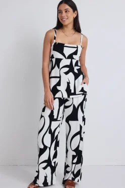 Stories be Told Sunkissed Black Ivory Cutout Print Split Hem Cami Top