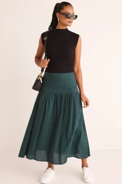 Among the Brave Sway Forest Linen Flat Basque Midi Skirt