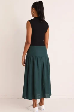 Among the Brave Sway Forest Linen Flat Basque Midi Skirt