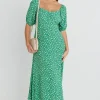 Among the Brave Sweetheart Green Ditsy Smocked Bodice SS Midi Dress