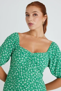 Among the Brave Sweetheart Green Ditsy Smocked Bodice SS Midi Dress