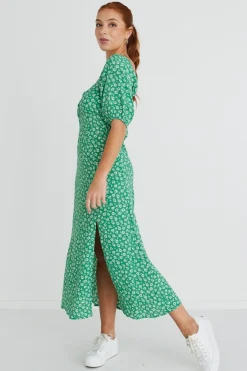 Among the Brave Sweetheart Green Ditsy Smocked Bodice SS Midi Dress