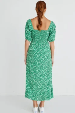Among the Brave Sweetheart Green Ditsy Smocked Bodice SS Midi Dress