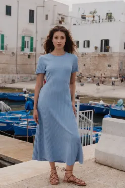 Stories be Told Taken Ocean Blue Crew Neck SS Knit Maxi Dress