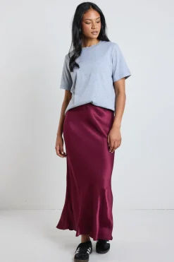 Stories be Told Talent Burgundy Satin Bias Midi Skirt