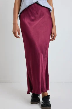 Stories be Told Talent Burgundy Satin Bias Midi Skirt
