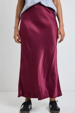 Stories be Told Talent Burgundy Satin Bias Midi Skirt