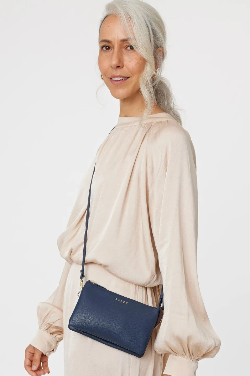 Saben Tilly Multi Pocket Navy Leather Crossbody Clutch