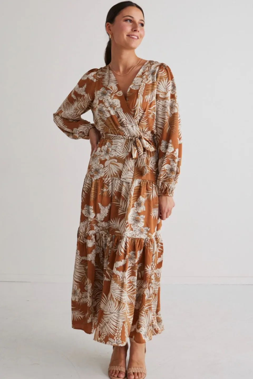 Among the Brave Twilight Rust Floral LS Tiered Maxi Dress