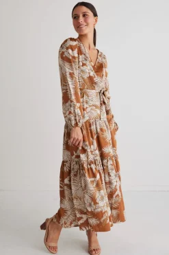 Among the Brave Twilight Rust Floral LS Tiered Maxi Dress