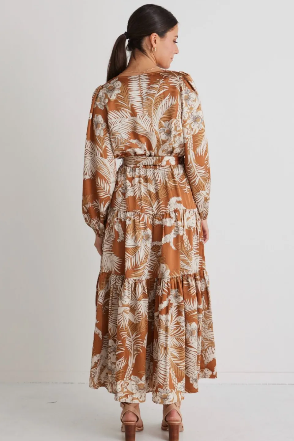 Among the Brave Twilight Rust Floral LS Tiered Maxi Dress