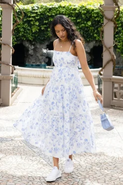 Ivy + Jack Universe Blue Floral Tie Back Tiered Strappy Maxi Dress
