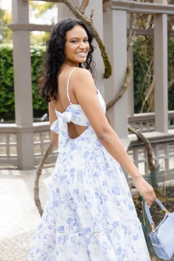 Ivy + Jack Universe Blue Floral Tie Back Tiered Strappy Maxi Dress