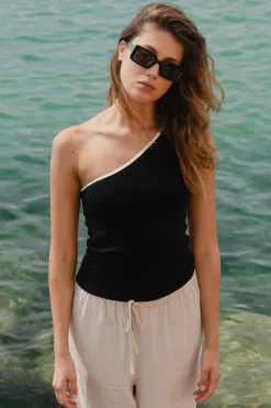 Stories be Told Urban Black One Shoulder Knit Top