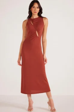 Mink Pink Vanessa Rust Ruched Midi Dress