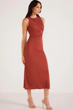 Mink Pink Vanessa Rust Ruched Midi Dress