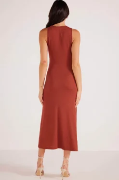 Mink Pink Vanessa Rust Ruched Midi Dress