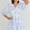 Ivy + Jack Venetia Blue Floral SS V Neck Tied Tiered Mini Dress