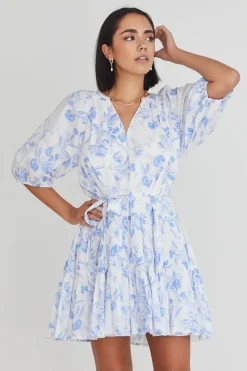 Ivy + Jack Venetia Blue Floral SS V Neck Tied Tiered Mini Dress
