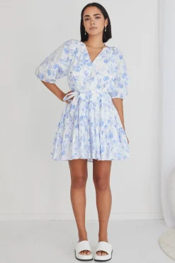 Ivy + Jack Venetia Blue Floral SS V Neck Tied Tiered Mini Dress
