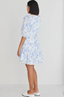 Ivy + Jack Venetia Blue Floral SS V Neck Tied Tiered Mini Dress