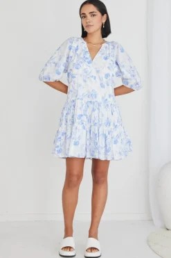 Ivy + Jack Venetia Blue Floral SS V Neck Tied Tiered Mini Dress