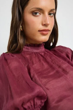 By Rosa. Verse Burgundy Sheer High Neck Short Sleeve Top