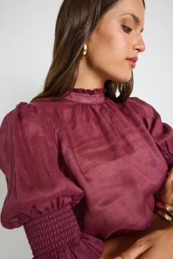 By Rosa. Verse Burgundy Sheer High Neck Short Sleeve Top