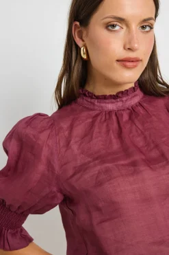 By Rosa. Verse Burgundy Sheer High Neck Short Sleeve Top