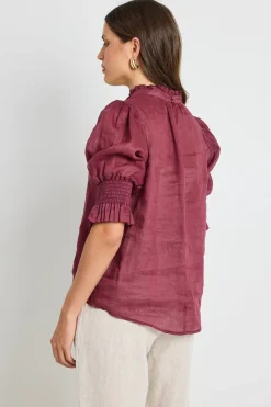 By Rosa. Verse Burgundy Sheer High Neck Short Sleeve Top