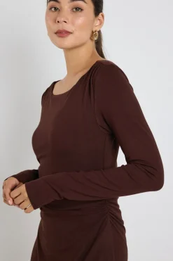 Stories be Told Vertigo Dark Chocolate Jersey LS Midi Dress