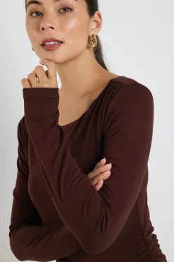 Stories be Told Vertigo Dark Chocolate Jersey LS Midi Dress