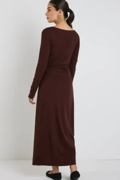 Stories be Told Vertigo Dark Chocolate Jersey LS Midi Dress
