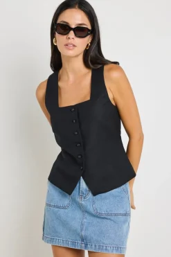 RE:UNION Label Viaduct Black Linen Viscose Sleeveless Vest Top